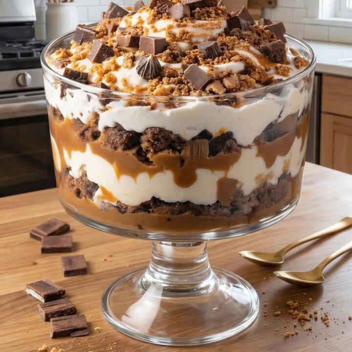 A decadent brownie caramel trifle in a glass pedestal bowl with distinct layers.