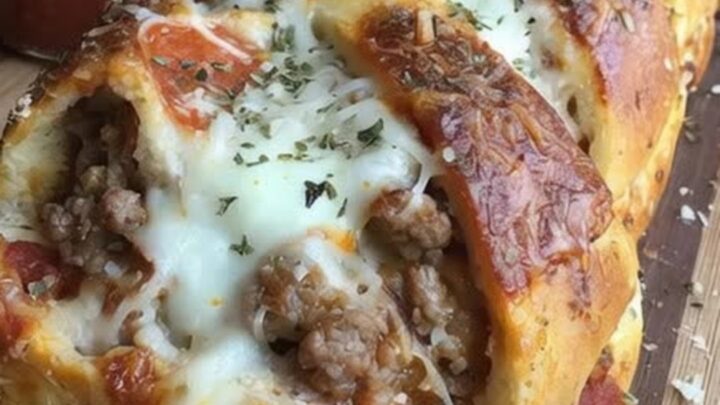 Golden-brown braided meat lovers pizza bread on a wooden cutting board with a side of marinara sauce