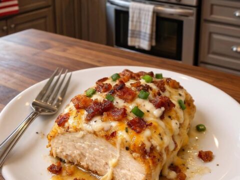 A juicy chicken breast in a skillet topped with melted cheese, crispy bacon, and green onions.