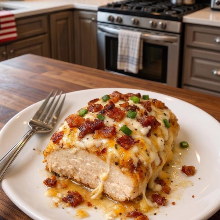 A juicy chicken breast in a skillet topped with melted cheese, crispy bacon, and green onions.