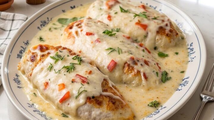 A close-up of a tender chicken breast topped with creamy sauce and melted mozzarella cheese in a baking dish.