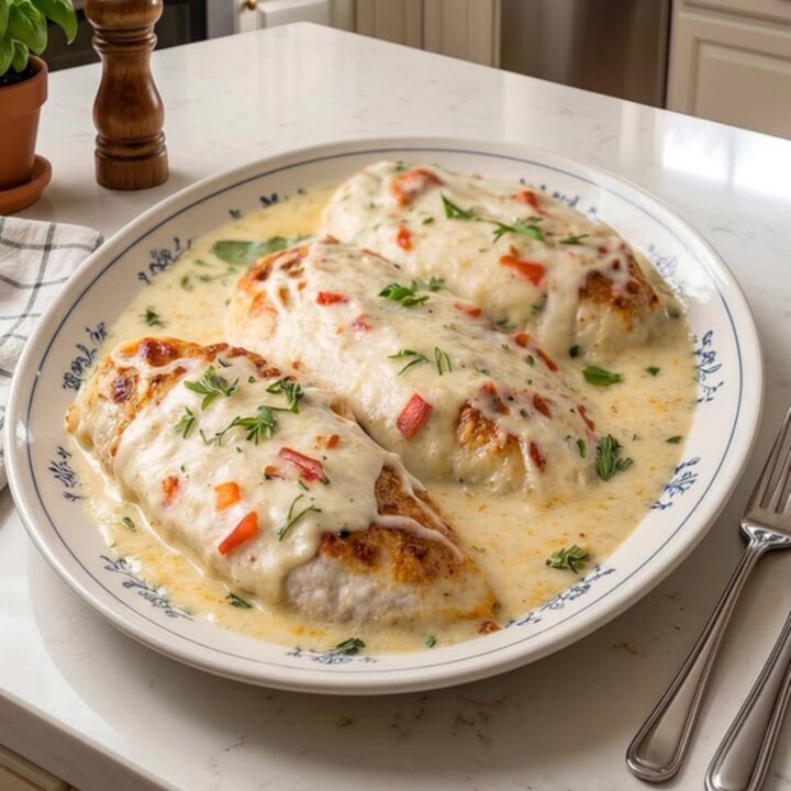 A close-up of a tender chicken breast topped with creamy sauce and melted mozzarella cheese in a baking dish.