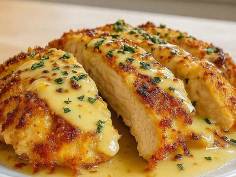 A golden parmesan-crusted chicken breast being lifted from a baking dish with tongs.