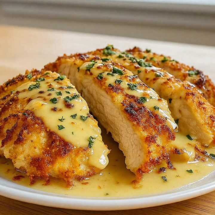 A golden parmesan-crusted chicken breast being lifted from a baking dish with tongs.