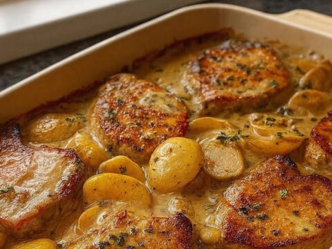 Golden-seared pork chop served with creamy baby potatoes and a rich mushroom sauce in a ceramic dish.