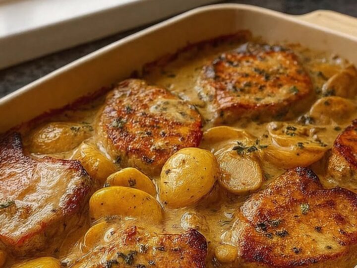 Golden-seared pork chop served with creamy baby potatoes and a rich mushroom sauce in a ceramic dish.