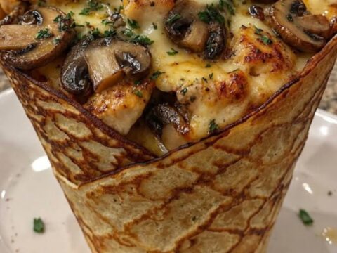 A close-up of a golden, crispy bread bowl filled with chicken, mushrooms, and melted cheese with a visible cheese pull.