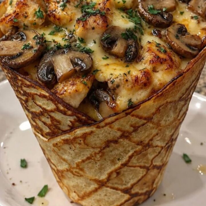 A close-up of a golden, crispy bread bowl filled with chicken, mushrooms, and melted cheese with a visible cheese pull.