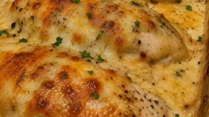 A golden, cheese-smothered chicken breast being lifted from a baking dish with steam rising, revealing a creamy sauce.