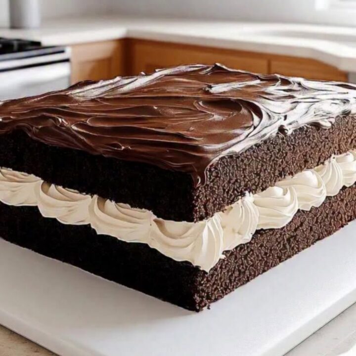 A square slice of chocolate sheet cake with a thick white cream layer and glossy fudge top.