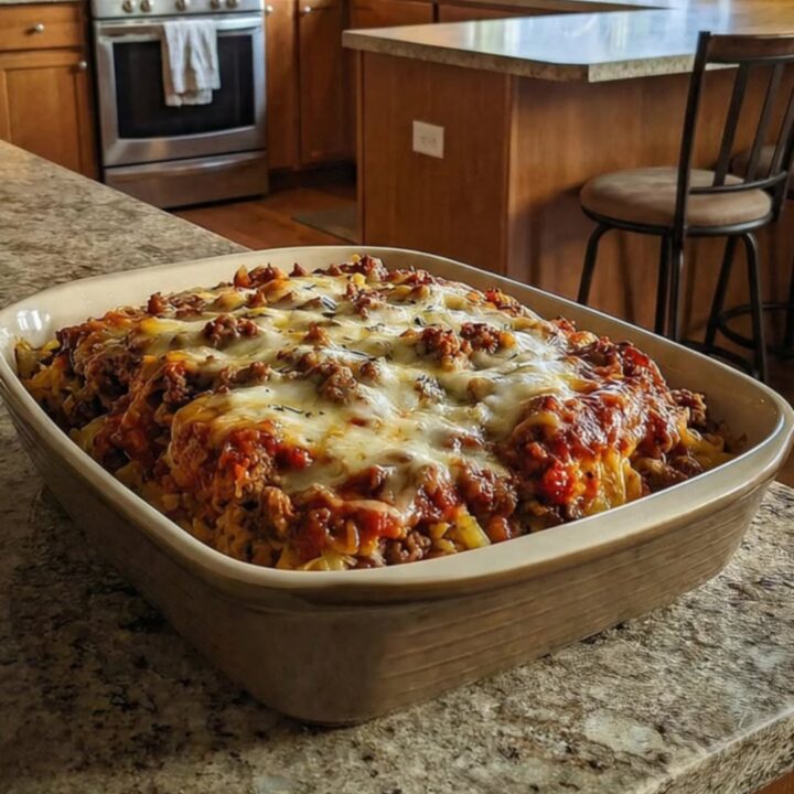 A bubbly, golden-brown cheesy cabbage roll casserole in a baking dish.