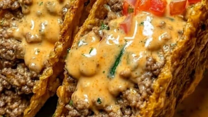 A platter featuring several crispy ground beef tacos topped with creamy cheese sauce and diced tomatoes.