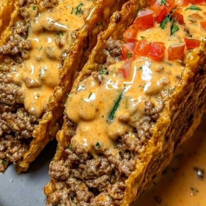 A platter featuring several crispy ground beef tacos topped with creamy cheese sauce and diced tomatoes.
