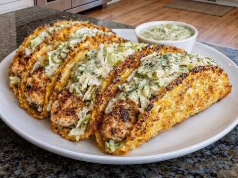 A platter of crispy dill pickle ranch chicken tacos with golden lacy cheese shells.