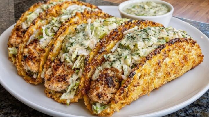 A platter of crispy dill pickle ranch chicken tacos with golden lacy cheese shells.