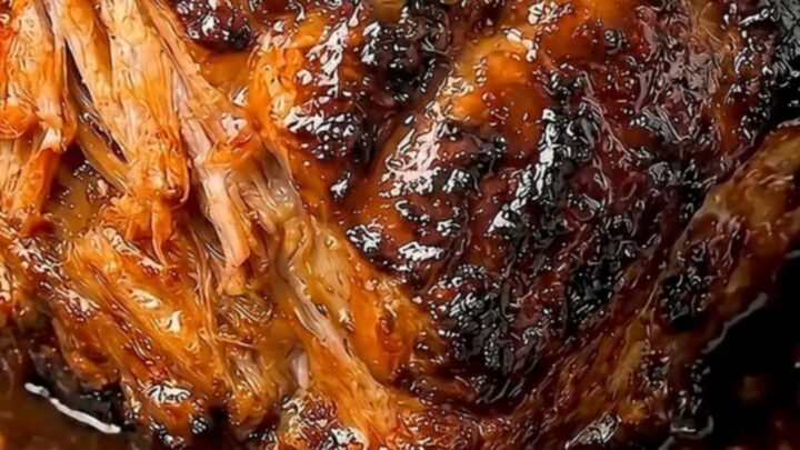 A close-up of a slow-roasted honey garlic pork shoulder in a metal baking pan with a glistening, caramelized glaze.