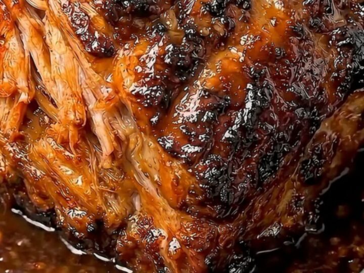 A close-up of a slow-roasted honey garlic pork shoulder in a metal baking pan with a glistening, caramelized glaze.