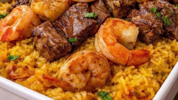 A steaming, hearty serving of steak and shrimp rice casserole in a white baking dish.
