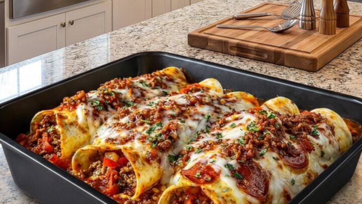 A steaming portion of pizza enchiladas being lifted from a baking pan showing a long cheese pull.