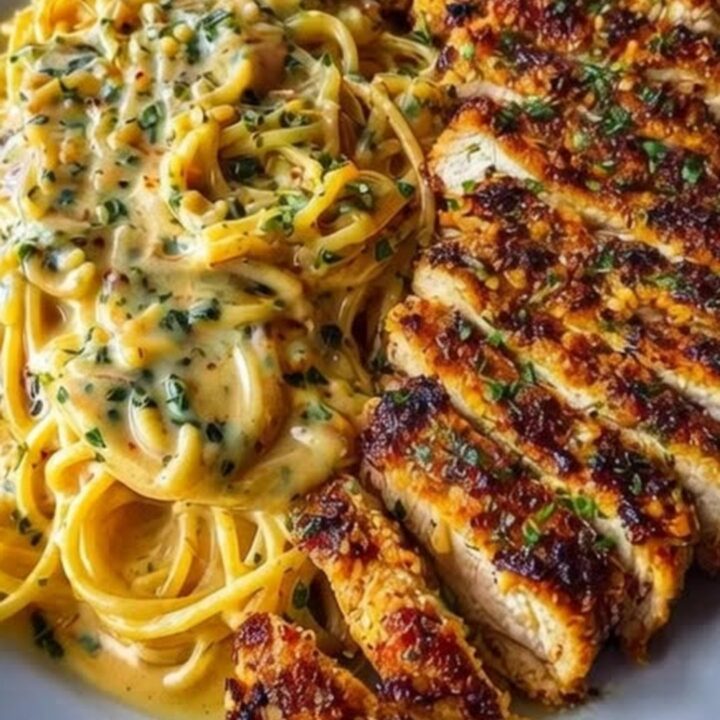 Twirling a fork into creamy garlic parmesan spaghetti with sliced Cajun chicken alongside on a white plate.
