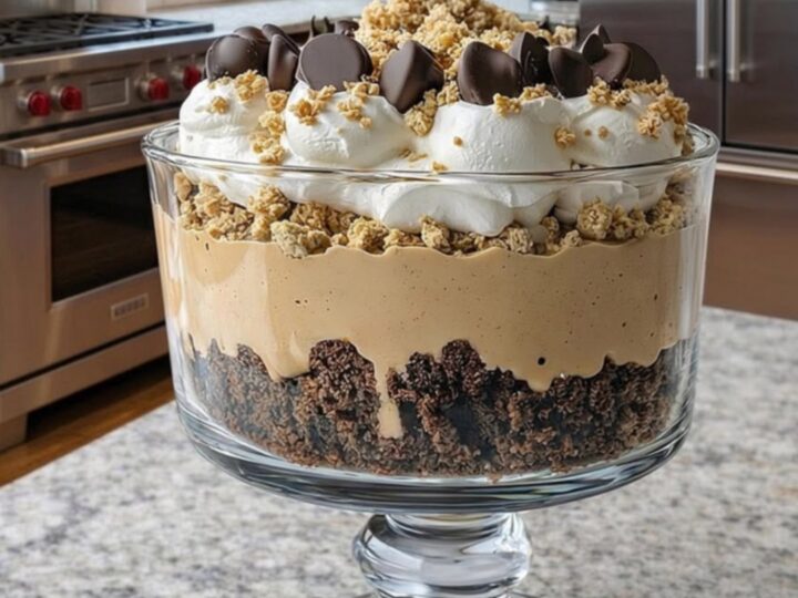 A large glass trifle bowl filled with layers of brownies, peanut butter mousse, and whipped cream.