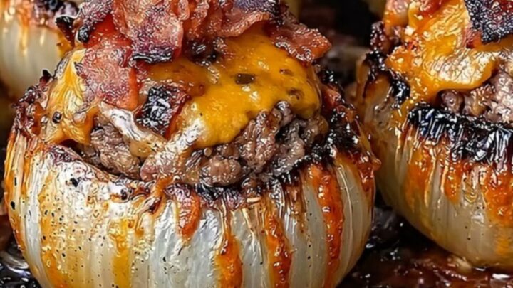 A cast-iron skillet filled with four roasted onion bombs topped with melted, golden cheddar cheese.