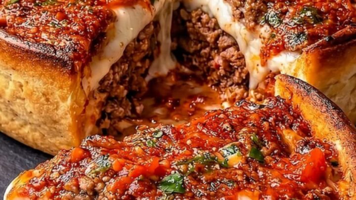 A golden-brown deep-dish meatball pie resting on a slate board with a slice being lifted.