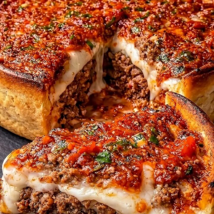 A golden-brown deep-dish meatball pie resting on a slate board with a slice being lifted.