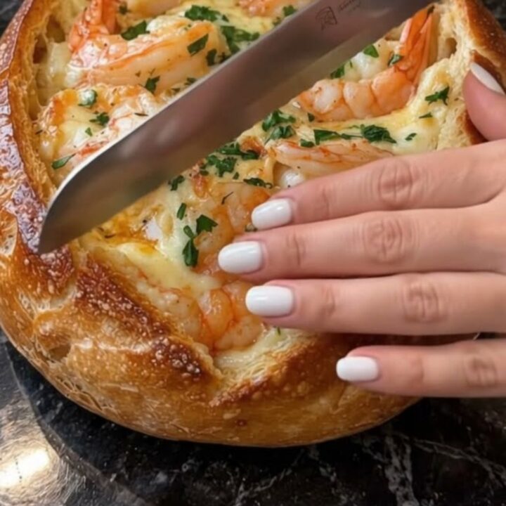 A golden, crusty sourdough bread bowl filled with bubbling melted mozzarella cheese and succulent pink shrimp.
