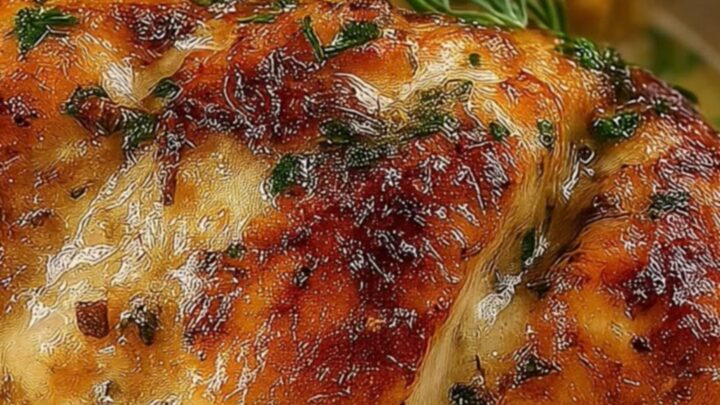 Golden-brown parmesan herb crusted chicken breasts in a white baking dish with savory juices.
