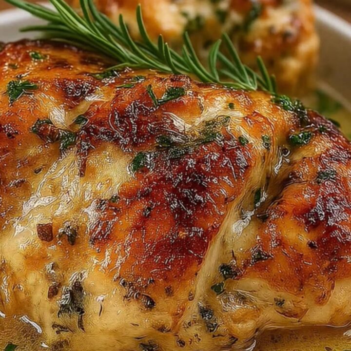 Golden-brown parmesan herb crusted chicken breasts in a white baking dish with savory juices.