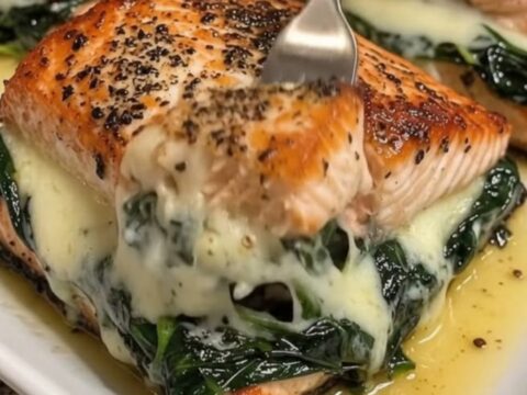 A golden-crusted stuffed salmon fillet on a white platter with melted cheese and spinach visible.