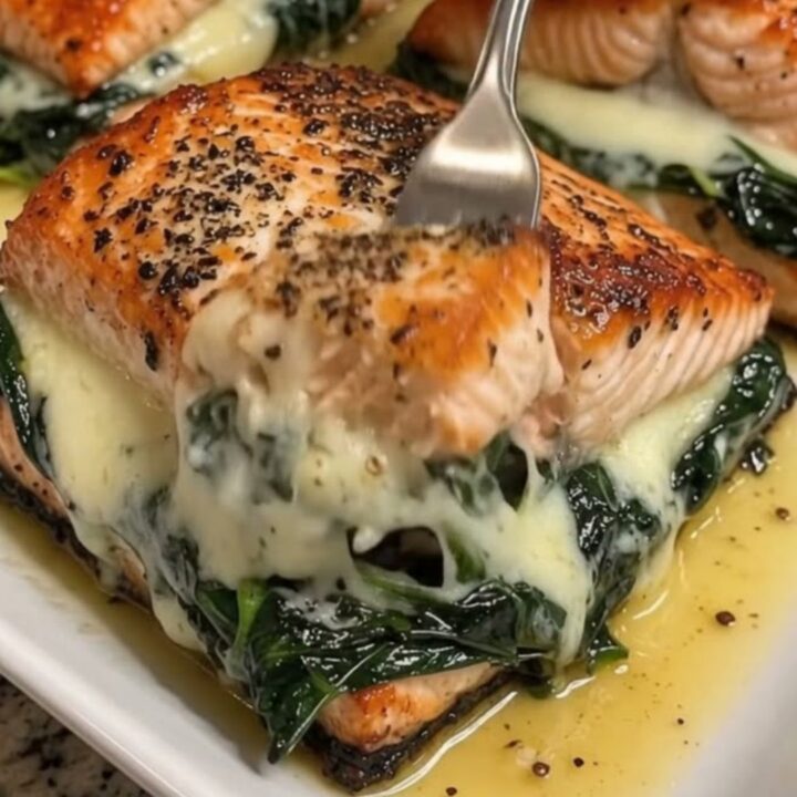 A golden-crusted stuffed salmon fillet on a white platter with melted cheese and spinach visible.