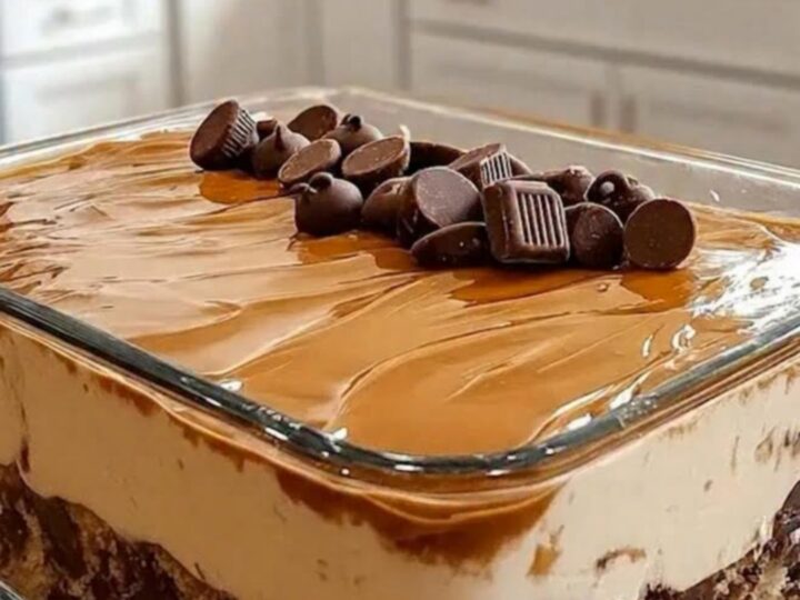 A close-up of a slice of no-bake layered peanut butter and chocolate dessert on a white plate.