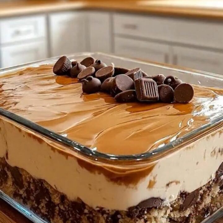 A close-up of a slice of no-bake layered peanut butter and chocolate dessert on a white plate.