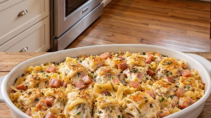 A steaming, golden-baked Chicken Cordon Bleu Casserole in a white oval dish.