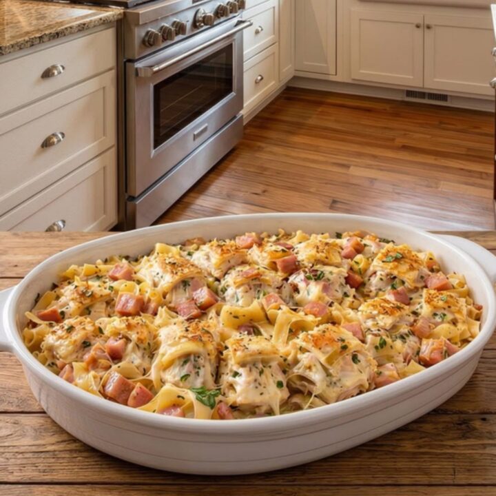 A steaming, golden-baked Chicken Cordon Bleu Casserole in a white oval dish.