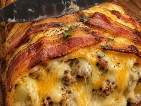A thick, steaming slice of bacon-wrapped meatloaf on a wooden board with melted cheese oozing from the center.