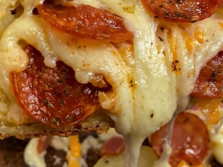 A freshly baked cheesy potato and pepperoni roll on a wooden board with melted cheese stretching from a slice.