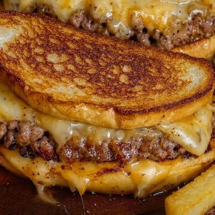 A golden, butter-toasted patty melt resting on a wooden board with an irresistible cheese pull.