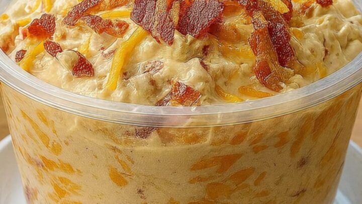 A close-up of a creamy cheddar ranch bacon dip in a clear container with a spoon.