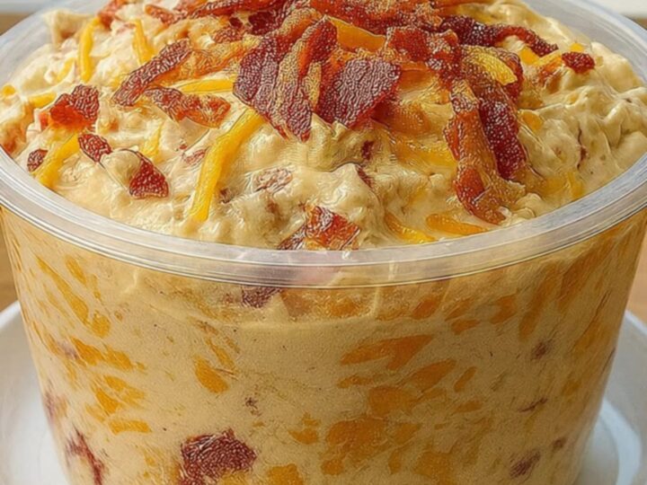 A close-up of a creamy cheddar ranch bacon dip in a clear container with a spoon.