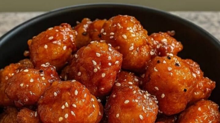 A black bowl filled with crispy, golden-brown honey garlic chicken bites garnished with sesame seeds.