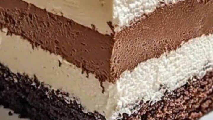 A tall square slice of triple chocolate mousse cake on a white plate showing distinct layers.