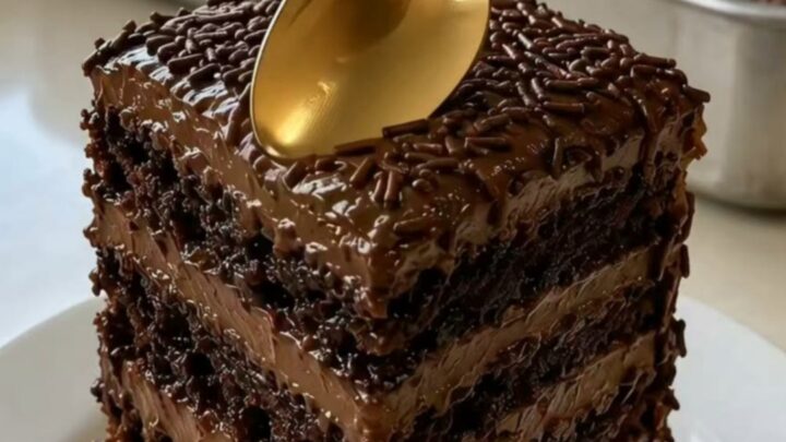 A towering chocolate fudge layer cake on a white plate with glossy frosting and sprinkles.