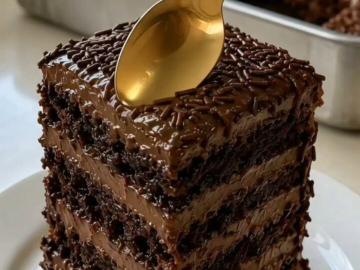 A towering chocolate fudge layer cake on a white plate with glossy frosting and sprinkles.