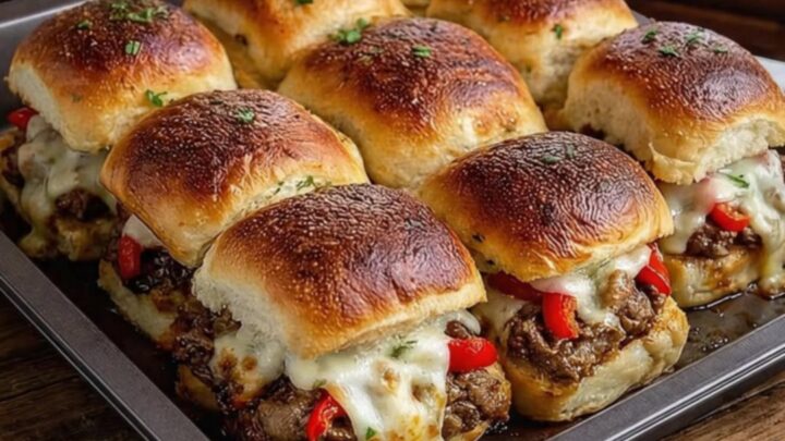 A golden-brown Philly cheesesteak slider on a white plate with visible melted provolone cheese.