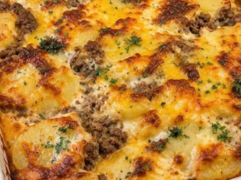 A cheesy cowboy casserole in a white baking dish with melted cheese and tender potato slices.