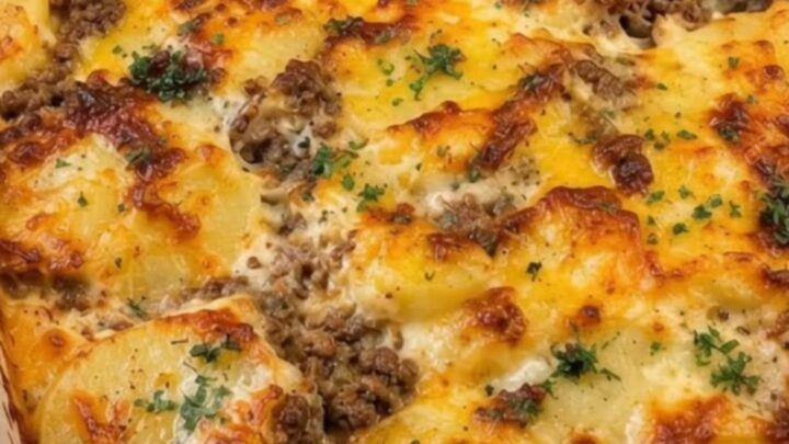 A cheesy cowboy casserole in a white baking dish with melted cheese and tender potato slices.