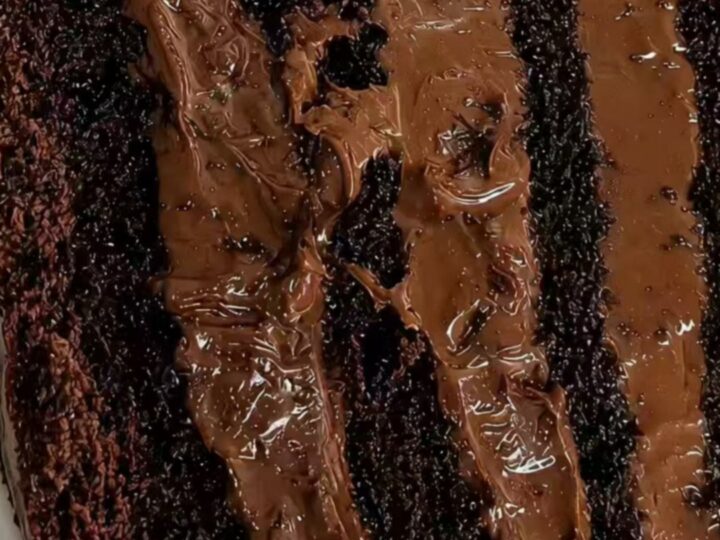 A tall, decadent slice of dark chocolate cake with glossy fudge frosting on a white plate.
